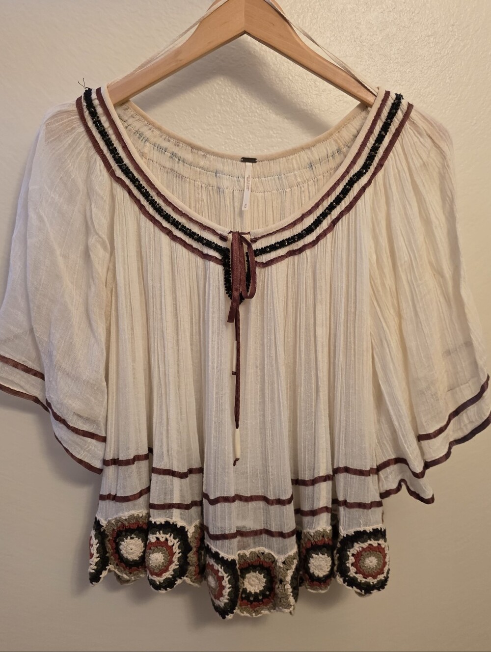 Free People Cream Boho Peasant Blouse with Burgundy & Black Trim